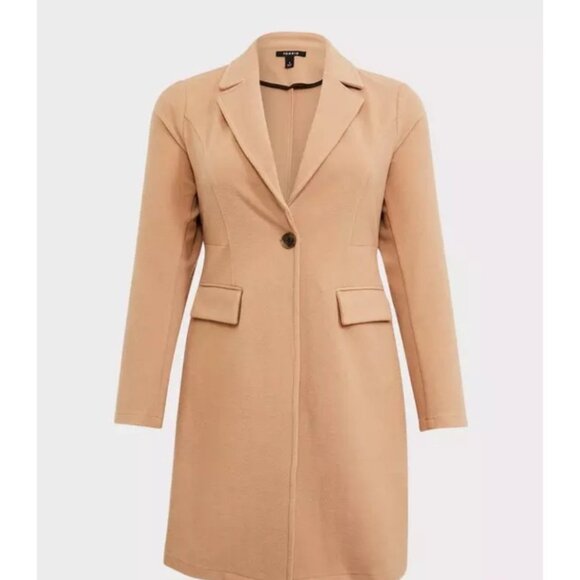 Torrid Size 0 Women's Ponte Coat Camel Color Longline Blazer Style Button-Front - Picture 2 of 8